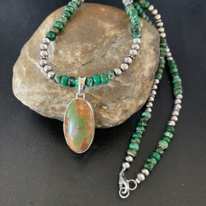 Navajo Pearls Green Turquoise Pendant Necklace | Sterling Silver Beads | Authentic Native American Handmade | 13309