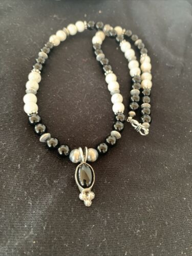 Navajo Black Onyx & White Buffalo Pendant Necklace | Sterling Silver | Authentic Native American Handmade | 01099