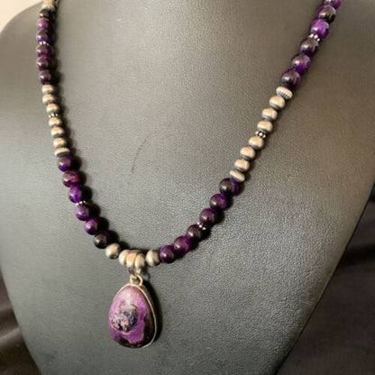 Navajo Pearls Necklace with Purple Sugilite and Onyx Pendant | Sterling Silver | 13394