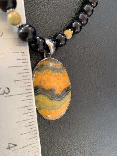Men's Navajo Pearls Onyx Bumblebee Jasper Pendant Necklace | Sterling Silver | Native American Handmade | 10324
