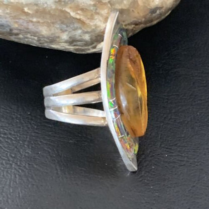 Navajo Sterling Silver Opal Inlay Ring | Sz 8 | Native American Handmade | Pomellato| 12853