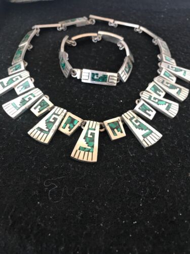 US Choker Old Pawn Sterling Chip Inlay Turquoise Necklace Bracelet Set11857