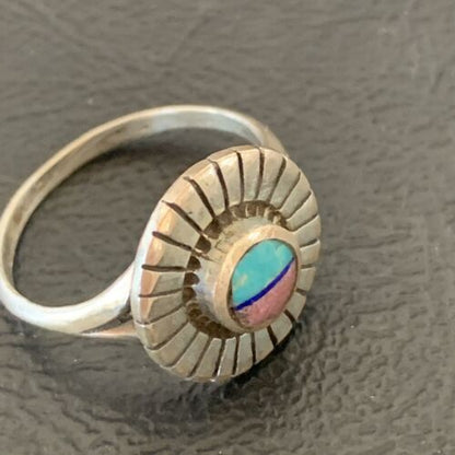 Navajo Blue Turquoise Coral Inlay Ring | Sz 7.5 | Authentic Native American Handmade | 11204