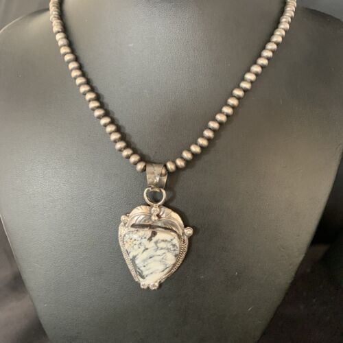 White Buffalo Turquoise Pendant Necklace | Sterling Silver | Navajo | Authentic Native American Handmade | 14057