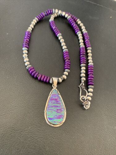 Navajo Purple Sugilite Necklace with Faux Opal Pendant | Sterling Silver | Authentic Native American Handmade | 01916