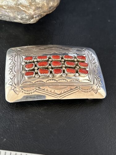 Navajo Red Coral Belt Buckle Concho | Sterling Silver | Authentic Native American Handmade | 14797