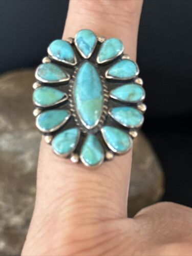 Navajo Blue Turquoise Cluster Ring | Authentic Native American Sterling Silver | Multi-Stone | Sz 9 | 14265