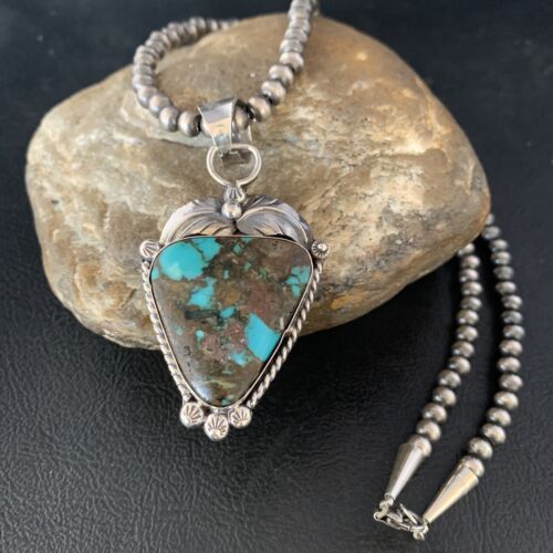 Navajo Spiderweb Turquoise Pendant Necklace | Sterling Silver | 2.25" | Authentic Native American Handmade | 14062