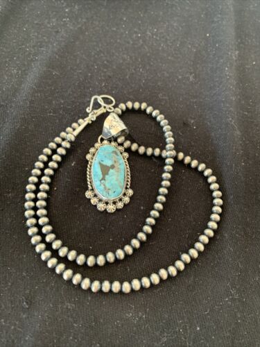 Men's Navajo Pearls Necklace with Blue Kingman Turquoise Pendant | Sterling Silver | Authentic Native American Handmade | 00841
