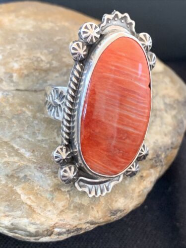 Southwestern Women's Navajo Red Spiny Oyster Ring | Sterling Silver | Sz 10 | Authentic Native American Handmade | 1005