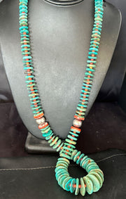 Navajo Turquoise & Red Spiny Oyster Necklace | Sterling Silver | Authentic Native American | 32" | 14376