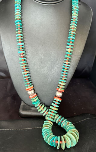 Navajo Turquoise & Red Spiny Oyster Necklace | Sterling Silver | Authentic Native American | 32" | 14376