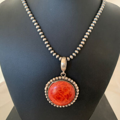 Native American Men's Navajo Red Apple Coral Pendant Necklace | Sterling Silver | 1314