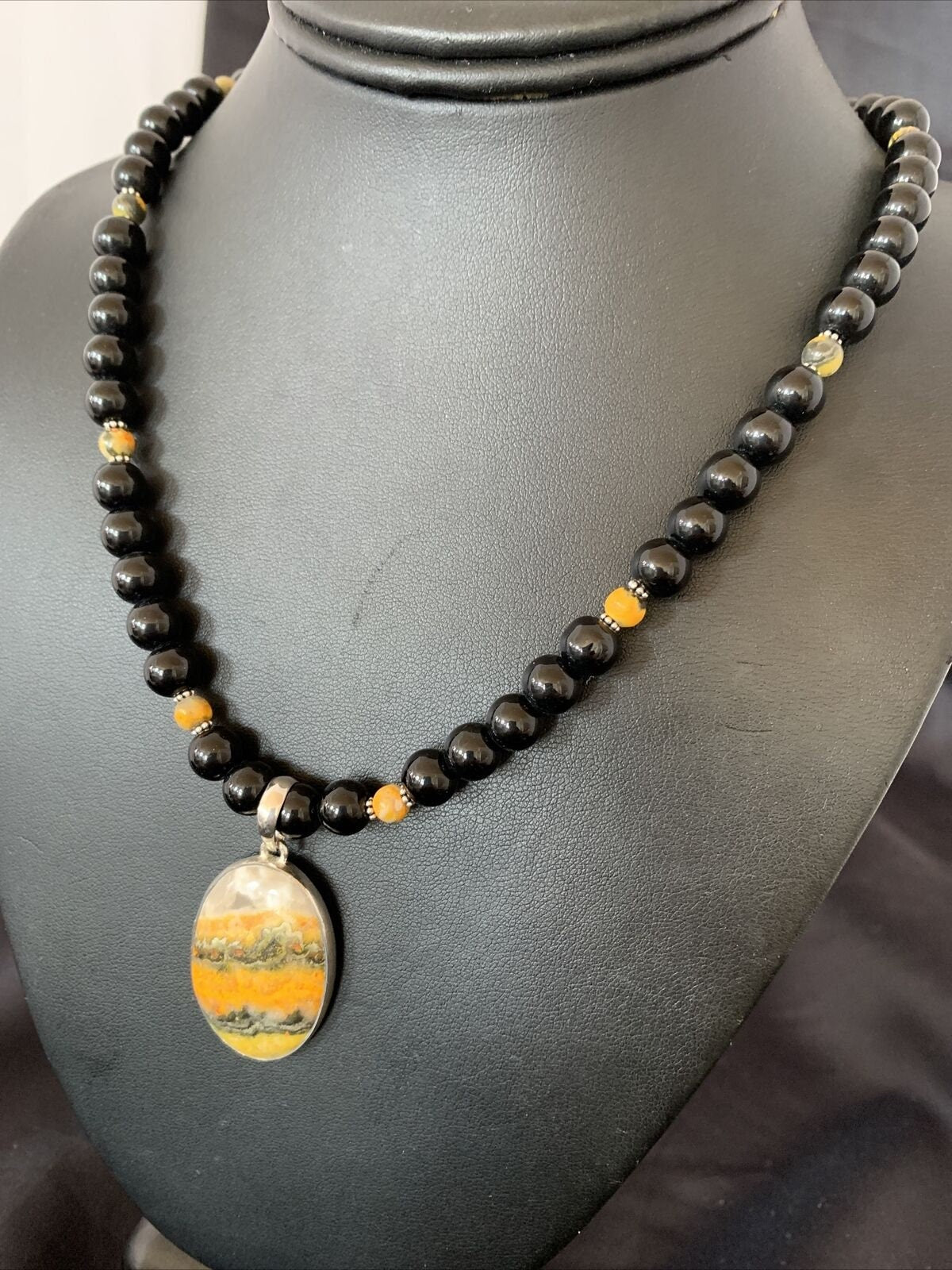 Men's Navajo Pearls Onyx Bumblebee Jasper Necklace Pendant | Sterling Silver | Native American Handmade | 10325