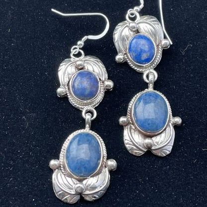Southwestern Navajo Denim Lapis Dangle Earrings | Sterling Silver | 2" | 01796