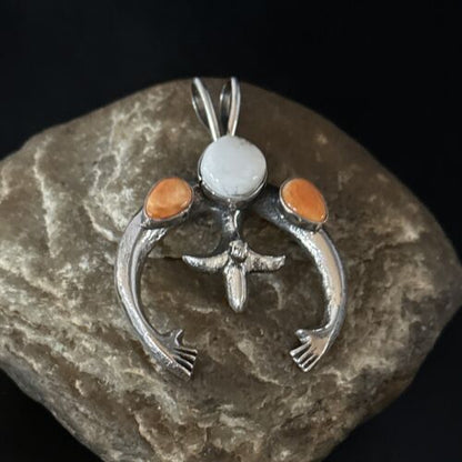 Navajo White Buffalo Turquoise Spiny Naja Pendant | Sterling Silver | Authentic Native American Handmade | 14671