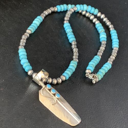 Navajo Blue Turquoise Feather Pendant Necklace | Authentic Native American Sterling Silver | Multi-Stone | 13821