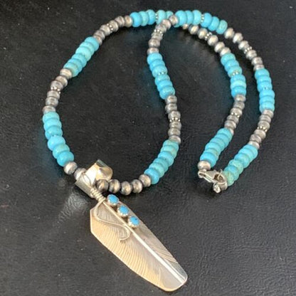Navajo Blue Turquoise Feather Pendant Necklace | Authentic Native American Sterling Silver | Multi-Stone | 13821