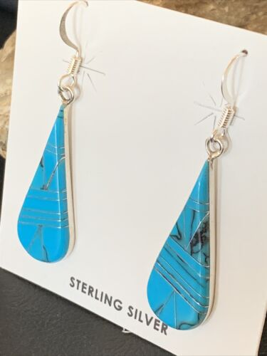 Navajo Sterling Silver Blue Turquoise Inlay Dangle Drop Earrings | 1.5" | Authentic Native American Handmade | 12311
