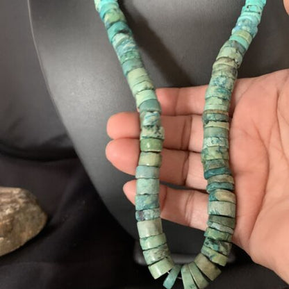 Native American Green Turquoise Heishi Bead Necklace | 12mm | Sterling Silver | Handmade | 22" | 13570 - Masha USA