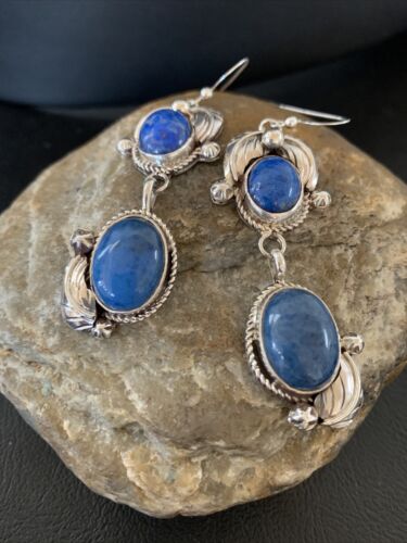 Native American Navajo Denim Lapis Dangle Earrings | Sterling Silver | 2" | 1866