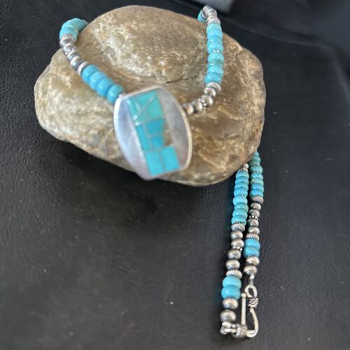 Navajo Blue Turquoise Inlay Pendant Necklace | Sterling Silver | 22" | Authentic Native American Handmade | 14602