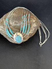 Liquid Silver Heishi 5-Strand Pendant Necklace | Sterling Silver | Turquoise | Navajo | 14820