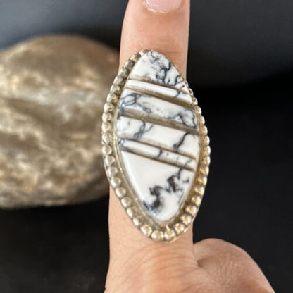 Navajo White Buffalo Turquoise Inlay Ring | Sterling Silver | Sz 8.5 | Authentic Native American Handmade | 14553