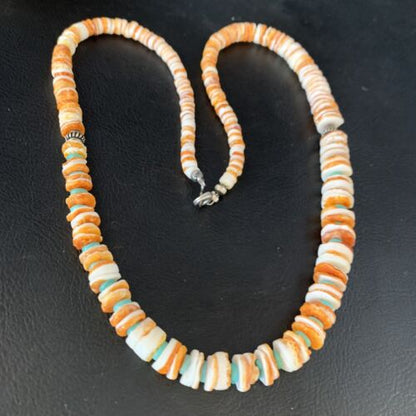 Navajo Turquoise & Orange Spiny Oyster Graduated Necklace | Sterling Silver | Authentic Native American | 20" | 13517