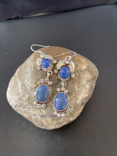 Native American Navajo Denim Lapis Dangle Earrings | Sterling Silver | 2" | 01681
