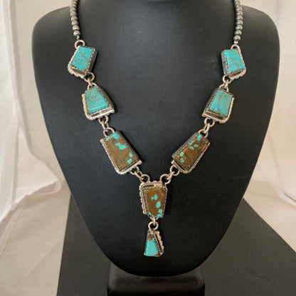 Navajo Handmade Turquoise Lariat Necklace | Long Sterling Silver Pendant | 02039