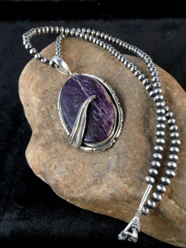 Navajo Charoite Feather Pendant | Sterling Silver Pearls Necklace | Authentic Native American Handmade | 8739