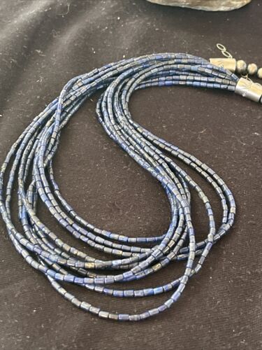 Navajo Sterling Silver 10-Strand Lapis Necklace | Authentic Native American Handmade | 01095