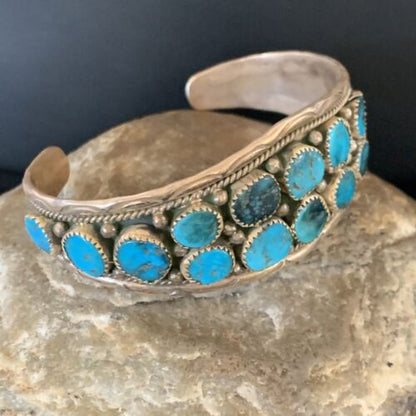 Navajo Blue Kingman Turquoise Cuff Bracelet | 2 Row | 16 Stone | Sterling Silver | Authentic Native American Handmade | 12691