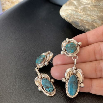 Handmade Navajo Spiderweb Turquoise Dangle Earrings | Sterling Silver | Authentic Native American | 1481
