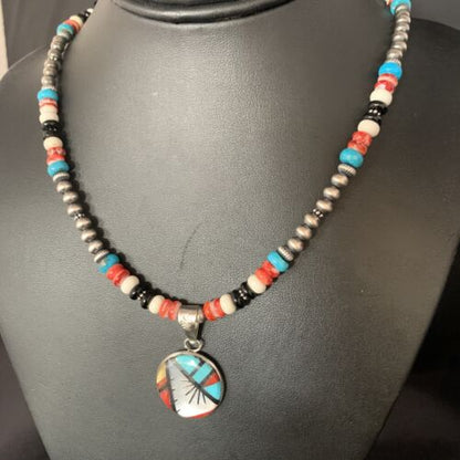 Zuni Multi-Color Turquoise Onyx Necklace | Sterling Silver Inlay Pendant | 13563