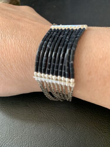 Black Onyx 10-Strand Liquid Silver Heishi Beads Bracelet | Sterling Silver | 7.25" | 12634