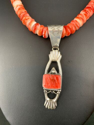 Navajo Red Spiny Oyster Pendant Necklace | Sterling Silver | Authentic Native American Handmade | 4782