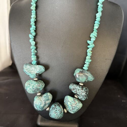 Navajo Chunky Blue Turquoise Nugget Necklace | Sterling Silver | Authentic Native American Handmade | 20" | 14417