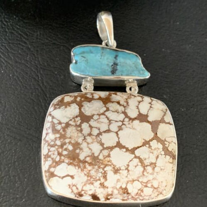 Navajo Wild Horse & Blue Kingman Turquoise Sterling Silver Pendant | Multi-Stone | 12042