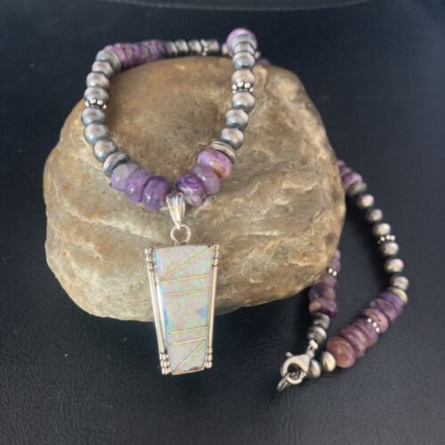 Navajo Purple Charoite White Opal inlay Pendant Necklace | Sterling Silver | Native American Handmade | 13435