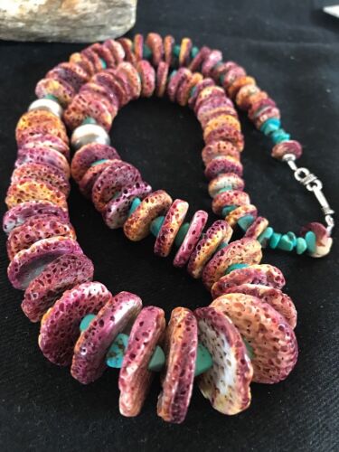 Authentic Native American Navajo Necklace | Purple Spiny Oyster & Turquoise | Sterling Silver | 24" Graduated