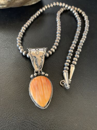Navajo Orange Spiny Oyster Pendant Necklace | Sterling Silver | Authentic Native American Handmade | 13080