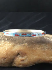 Native American Zuni Opal Spiny Turquoise Inlay Bracelet | Sterling Silver Bangle | 10199