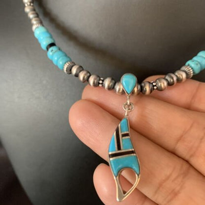 Navajo Blue Turquoise Onyx Inlay Pendant Necklace | Sterling Silver | Authentic Native American Handmade | 13846