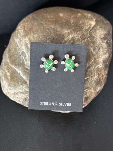 Navajo Turtle Green Turquoise Inlay Earrings | Sterling Silver | Authentic Native American Handmade | 14778