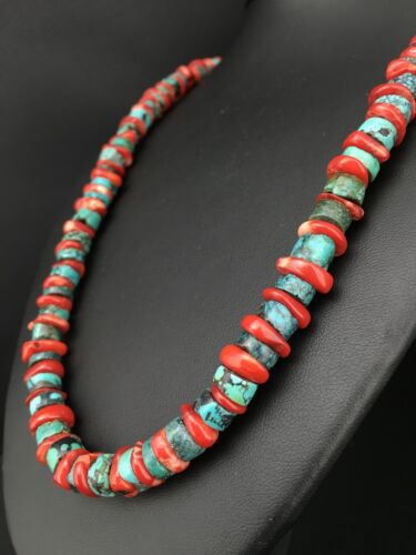 Navajo Sterling Silver Heishi Green Turquoise Coral Necklace | 20" | 1266