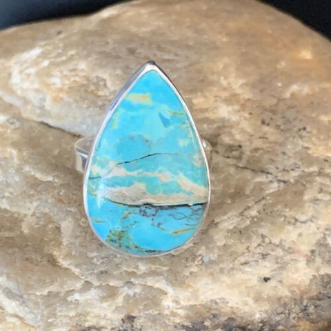 USA Navajo Adjustable Sterling Silver Blue Kingman Turquoise Ring Size 8 12793
