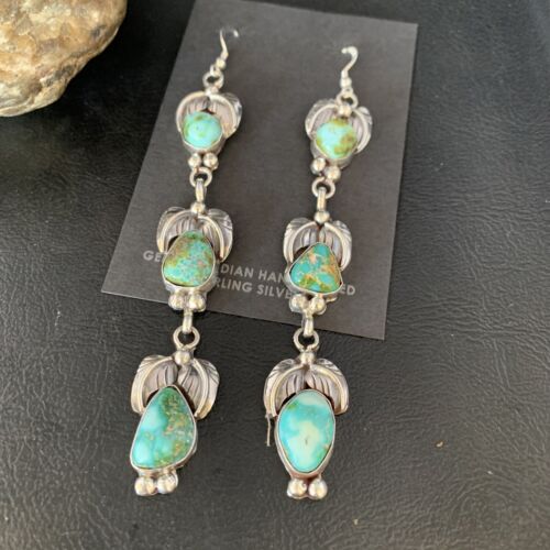 Navajo Sonoran Gold Turquoise Earrings | Sterling Silver | 3 Dangle | Authentic Native American Handmade | 13924
