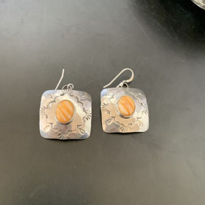 Navajo Sterling Silver Earrings with Gold Orange Spiny Oyster | Authentic Native American Handmade | Set2076